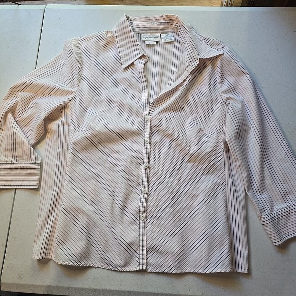 Worthington Stretch Button Front Collared Ivory Striped Blouse‎ Size 16